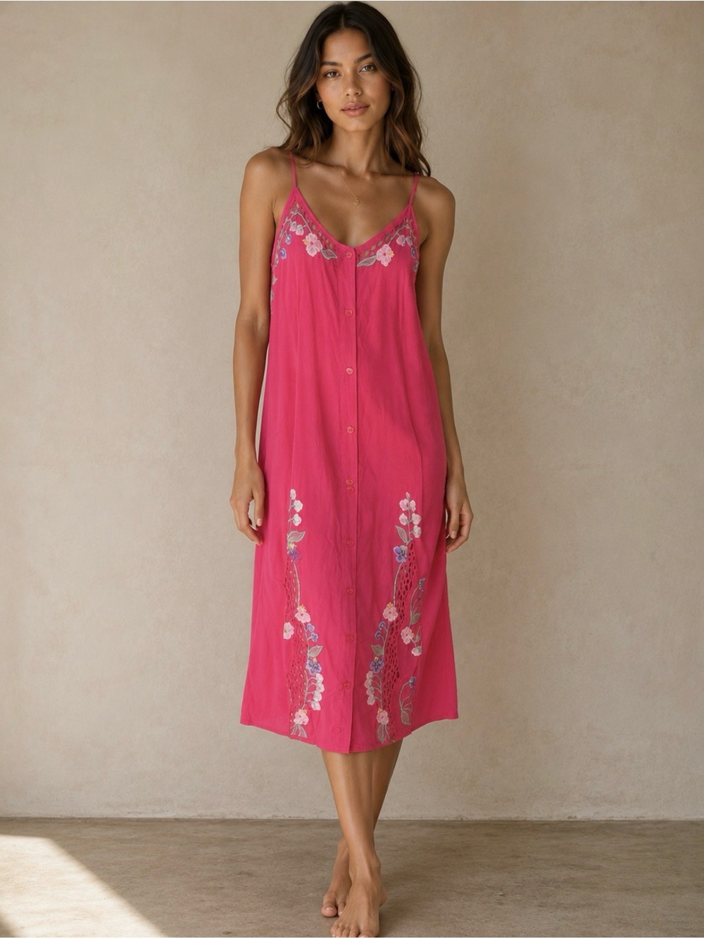 Vintage Y2K Pink Magenta Embroidered Slip Dress Crochet Back Midi Floral size S